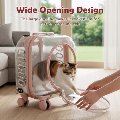 Cat Carrier Backpack with Silent Wheels, Clear Cat Stroller with Ventilation Holes, Telescopic Handle, Convenient Portable Cats Dogs Backpack for Travel (Light Pink-B) - color: Light Pink-B