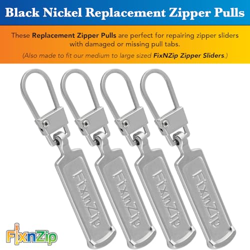 FixNZip Medium to Large Nickel Zipper Pull Replacements (4-Pack) | Universal Clip-On Pull Tabs for Zipper Repair, Sliders & Luggage, Jackets, Backpacks, Tents, Sleeping Bags & Outdoor Gear - color: Nickel