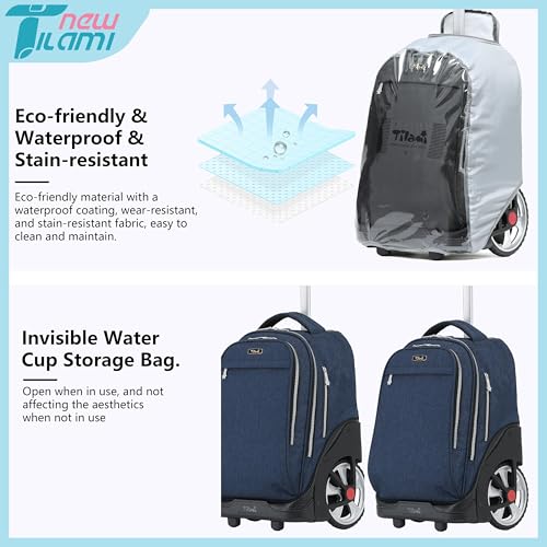 NEW TILAMI 19 inch Rolling Backpack Teens Rolling Backpack Cute Wheeled Laptop Backpack Bookbag Roller Travel Bag College, Navy Blue - color: Navy Blue