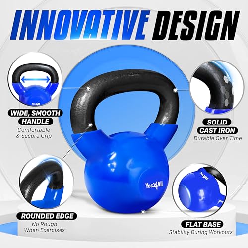 Yes4All Kettlebell, Vinyl Coated Kettlebell Cast Iron Sets with Stable Flat Bottom for Full Body Workout, Push up, Grip Strength Training & Weights Exercises - color: Blue, style: 5 + 30lb