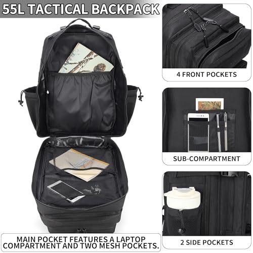 55L Tactical Backpack Heavy Duty Military Rucksack Molle Backpack 3 Day Assault Pack for Work Outdoors - color: Black