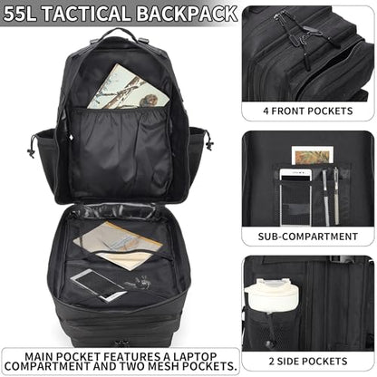 55L Tactical Backpack Heavy Duty Military Rucksack Molle Backpack 3 Day Assault Pack for Work Outdoors - color: Black