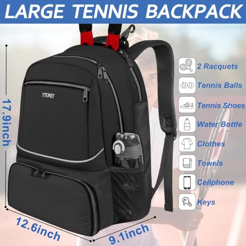 Ytonet Tennis Bag Tennis Backpack for Women Men 2 Rackets with Insulated Pocket Ventilated Shoe Compartment - color: Black