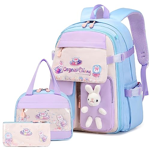 FIXITOK Girls Backpack Set, 3PCS Kids Backpacks for Girl, cute bunny School Backpack for Girls Kids Teen Kindergarten Elementary Preschool Middle School Bags with Lunch Box Pencil Case Blue - color: Blue