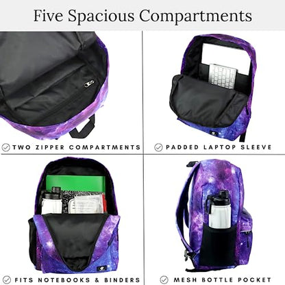 Fenrici Galaxy Backpack with Lunch Box & Bento Box Matching Set, Laptop Backpack, Insulated Lunch Bag for Girls, Boys, Bento Box with 5 Compartments, Purple Galaxy, Pastel Blue - color: Purple Galaxy