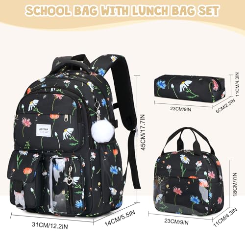 ACESAK Backpack for Girls - Girls Backpack with Lunch Bag & Pencil Pouch for Teen Kids Laptop Backpack for Women, Elementary Middle High School Bookbag Travel Daypack (Black Flower) - color: Black Flower