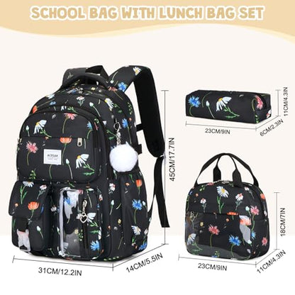 ACESAK Backpack for Girls - Girls Backpack with Lunch Bag & Pencil Pouch for Teen Kids Laptop Backpack for Women, Elementary Middle High School Bookbag Travel Daypack (Black Flower) - color: Black Flower