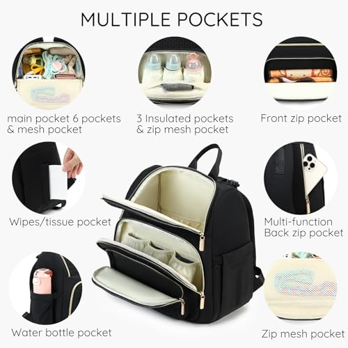 MAPLELILY Large Diaper Bag Backpack, Stylish Baby Travel Diaper Bag, Black | Waterproof lightweight maternity hospital backpack. With changing pad, stroller straps, insulated pocket. Mom, dad, toddler - color: Black