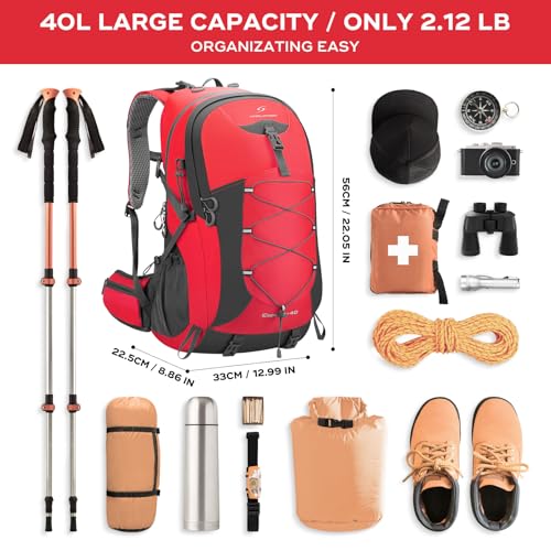 Maelstrom Hiking Backpack,Camping Backpack,40L Waterproof Hiking Daypack with Rain Cover,Lightweight Travel Backpack,Red - color: 40l Red, size: 40l