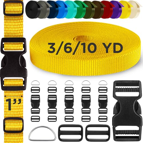 TECEUM Buckles & Strap Kit – 1" Honey Yellow Nylon Webbing 6 (yd) – 6 Heavy Duty Adjustable Plastic Buckles – 12 Tri-Glide Slide Clips – 6 Metal D-Ring – Ideal Straps for Arts Crafts Outdoors DIY - color: Honey Yellow, size: 1" - 6 yards, style: 6 Buckle