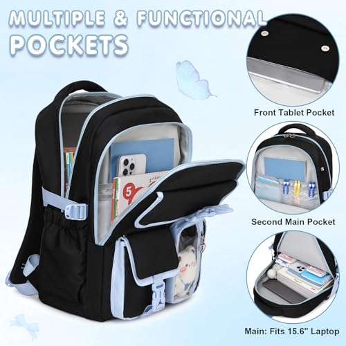 GeeWin Girls Backpack for School with Lunch Box & Pencil Case Set, 17 Inch Waterproof Cute Bow Girls Bookbag for Kids, Teens, Elementary Middle High College School Student (Black/Blue) - color: Black Blue