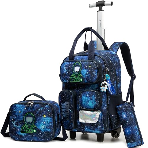 3 in 1 Boys Rolling Backpack with Wheels for Elementary Kindergarten Students Kids Travel Luggage Carry on Backpack for Boys Ages 6-8 - color: B Space