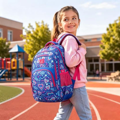 MYGOO Girls School Backpack Grove Heart Blue Bookbag for Elementary Middle School Ages 5-12, 17 inch Large Capacity 24L Kids Student Travel Bags - color: Grove Heart Blue