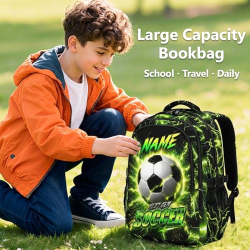 Boys Soccer Backpack with Personalized Name, 17 Inch Kids School Backpacks with 3 Compartments - Custom Sport Bookbag for Elementary Students, Reflective Ergonomic Design with Chest Strap - color: Green