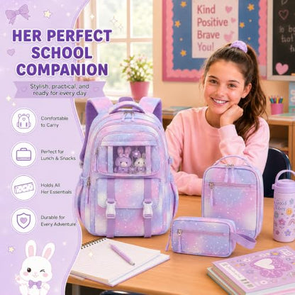 BTOOP Multi-Compartment Kids Backpack for Girls, 3PCS Cute Purple Bow School Backpack with Lunch Bag Pencil Case, Side Pocket Fits 40 oz Tumbler, Girls Bookbag for Elementary Middle School - color: Purple