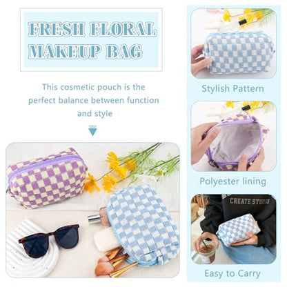 ZLFSRQ 2Pcs Checkered Pencil Case Cute Pencil Pouch for Teens Checkered Makeup Bag Medium Travel Cosmetic Bag Preppy Makeup Pouch for Purse Aesthetic Zipper Toiletry Bags Organizer(Blue/Purple) - color: BN Checkered 2Pcs M Blue/Purple