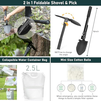 Survival Kit, 262Pcs Survival Gear and Supplies with First Aid Kit Pouch and Crossbody Bag, Emergency Kit with Tent, Camping Axe Hammer, Survival Shovel w/Pick, Bug Out Bag Gifts for Men Women - color: Brown