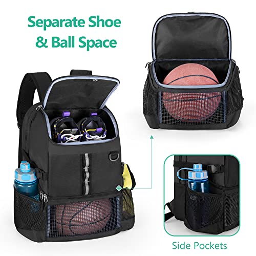 GOBUROS Basketball Bag, Soccer Equipment Bag with Ball & Shoe Compartment for Soccer Ball, Volleyball, Gym, Outdoor, Travel - color: Black