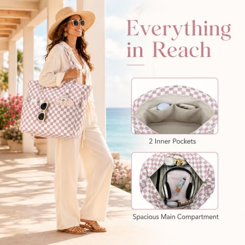 LEDAOU Beach Bag Waterproof Sandproof Women Beach Tote Pool Bag with Zipper for Swim Gym Grocery Travel with Wet Pocket | Sandproof - color: B-purple White Grid