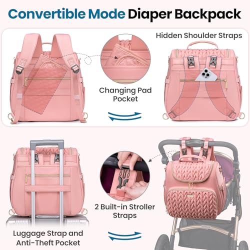 Tealari 4 in 1 Convertible Diaper Bag Backpack,Waterproof Baby Diaper Bag with Changing Pad,Converts into Baby Tote Bag,Diaper Backpack,Stroller Bag and Crossbody Diaper Bag - color: Pink