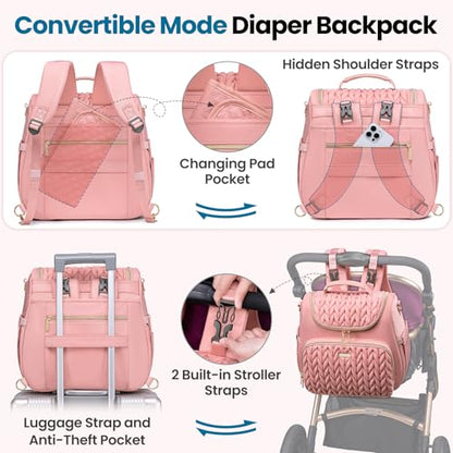 Tealari 4 in 1 Convertible Diaper Bag Backpack,Waterproof Baby Diaper Bag with Changing Pad,Converts into Baby Tote Bag,Diaper Backpack,Stroller Bag and Crossbody Diaper Bag - color: Pink