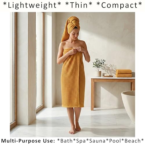 PÜSKÜL Natural 100% Turkish Cotton Waffle Bath Towels Set of 2-Piece | 32x63 Extra Large Absorbent Quick-Dry Lightweight Spa Towel | Luxury Sauna Accessories (Mustard Yellow Bath Towels - Pack of 2) - color: Mustrad Yellow