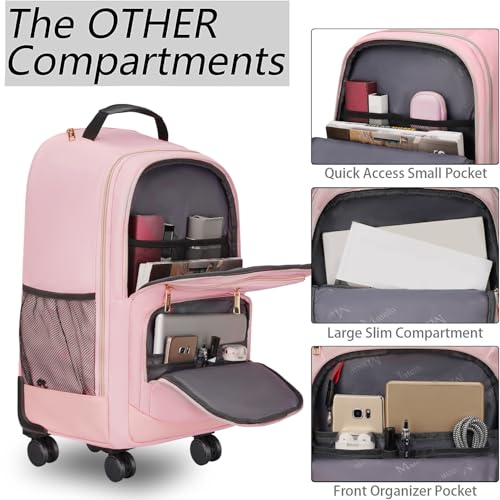 MATEIN Pink Rolling Backpack, 18 inch Womens Roller Laptop Bag with 4 Spinner Wheels, Water Resistant Wheeled Backpack Carry on Luggage, Extra Large Travel Rolling Suitcase Bag - color: Pink, size: 18 inch