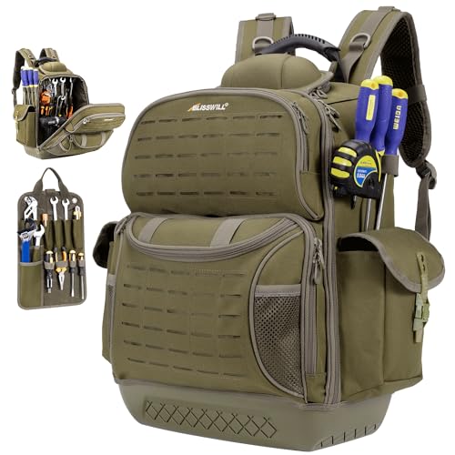 BLISSWILL Tool Bag Backpack for men,Heavy Duty Tool Backpack Bag with Waterproof Molded Base，62 Pockets/40 Loops Heavy Duty Tools Organizer Bags/Electrician/Industrial/Construction Work Backpack - color: Dark Khaki