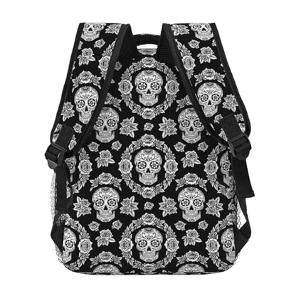 Casual Travel Daypack Black And White Floral Day Of The Dead Mexican Sugar Skulls, Multi Pocket Water Resistant Backpack for Men Women Weekend Getaways - color: Pattern (226)