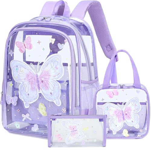 AO ALI VICTORY Clear Backpack for Boys Girls, Kids Backpack Set with Lunch Box Pencil Bag PVC Elementary Laptop Bookbag for School Students See Through Transparent Travel Back Pack, Purple Butterfly - color: Purple Butterfly 3pcs
