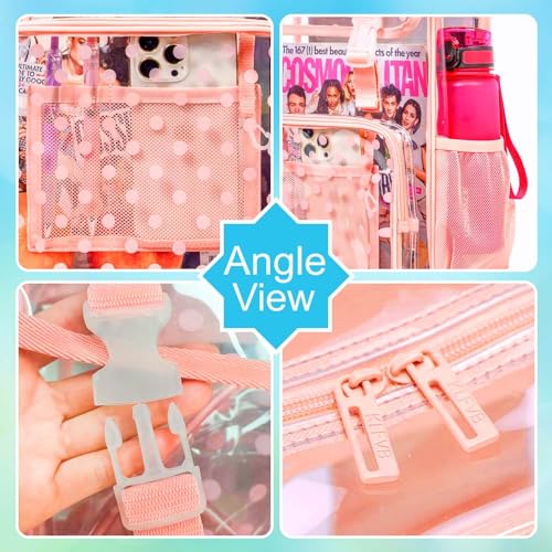 3PCS Pink Clear Backpack, Heavy Duty Transparent Bookbag for Girls Women, Stadium Approved See Through Backpack Set (Pink Dot) - color: Pink Polka Dots