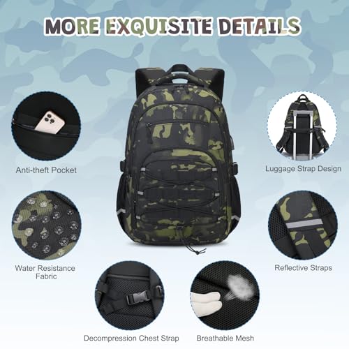 ACESAK Camo Backpack for Boys, Tactical Kids Backpack Boys, School Bags for Boy Children Teens Kids Elementary Middle High School, Military Bookbag and Lunch Bag Pencil Case Set with USB Charging Port - color: Black Camo