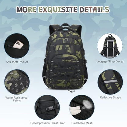 ACESAK Camo Backpack for Boys, Tactical Kids Backpack Boys, School Bags for Boy Children Teens Kids Elementary Middle High School, Military Bookbag and Lunch Bag Pencil Case Set with USB Charging Port - color: Black Camo