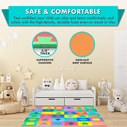 ProSource Kids Foam Puzzle Floor Play Mat with Shapes & Colors 36 Tiles, 12"x12" and 24 Borders - style: Shapes & Colors