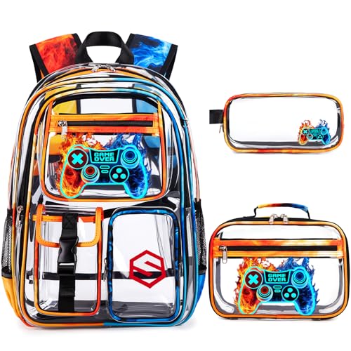 DIGOBAY 3PCS Cool Luminous Clear Backpack for Boys Kids, Gamer Clear Bookbag for School, See Through PVC Transparent Backpacks with Lunch Bag Pencil Case, Backpack Heavy Duty for School Stadium - color: Red-blue Flame