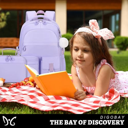 DIGOBAY 3PCS Girls Backpack for School, Kids Backpack for Girls with Lunch Bag Pencil Case, Kids Bookbag Teen Girl Backpacks for Elementary Middle High College School (Purple) - color: Purple