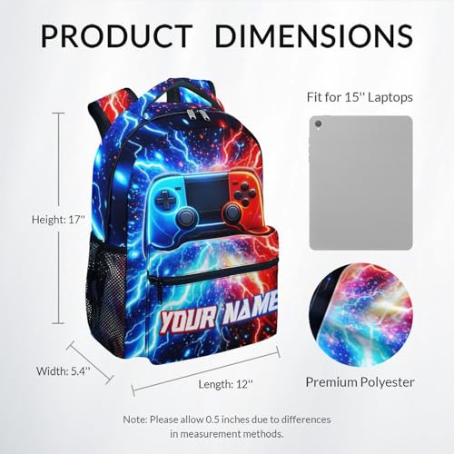 Custom Gamer Backpack for Boys - Personalized 17 Inch Kids Toddlers Bookbag, Lightweight Large Capacity Schoolbag for School Travel Camping - color: Gold
