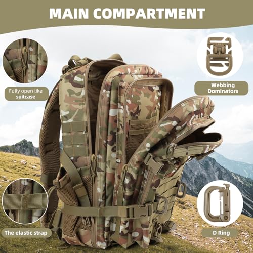 Hannibal Tactical 45L MOLLE Assault Pack, Tactical Backpack Army Military Camping Rucksack with Bottle Holder, 3-Day Pack Travel Trip w/USA Flag Patch, D-Rings, CP Camo - color: Cp, size: 45L