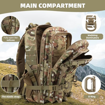 Hannibal Tactical 45L MOLLE Assault Pack, Tactical Backpack Army Military Camping Rucksack with Bottle Holder, 3-Day Pack Travel Trip w/USA Flag Patch, D-Rings, CP Camo - color: Cp, size: 45L