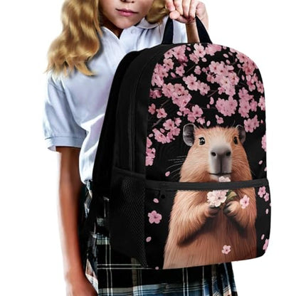 3Pcs Kid Backpack Set Backpack with Lunch Bag Pencil Case 3 Pack Set Elementary School Bag Bookbag 17 Inch Daypack Capybara Cherry Blossom Print - color: Fish