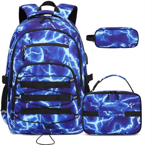 ACESAK Camo Backpack for Boys, Tactical Kids Backpack Boys, School Bags for Boy Children Teens Kids Elementary Middle High School, Military Bookbag and Lunch Bag Pencil Case Set with USB Charging Port - color: Lightning