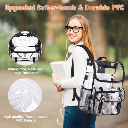 DIGOBAY Clear Backpack with Lunch Bag Set, Leather Clear Backpack Heavy Duty Thick PVC Bookbag Large See Through Transparent Backpacks with Support Pad for Women Men College Work Black - color: Black