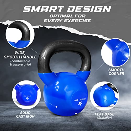 Yes4All Kettlebell, 5-100 LB Vinyl Coated Cast Iron Strength Training Kettlebells for Home Gym Exercises, Fitness, Full Body Workout Equipment, Push Ups, and Grip Strength - color: K. 50LB - Dark Blue, style: Vinyl Coated
