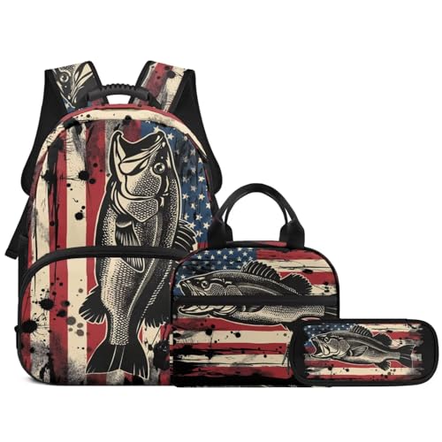 School Backpack Set with Lunch Box Pencil Case 3 In 1 American Flag Fish School Bag Bookbag for Boys Girls Lager Capacity Student Daypack - color: American Flag Fish