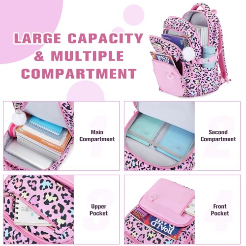 Bevalsa Backpack for Girls 3PCS Teen Girls Pink Backpack for School with Lunch Bag Pencil Case Cute Kids Laptop Backpacks Bookbag for Elementary Middle High School College Student (Leopard) - color: Pink Leopard