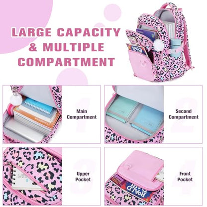 Bevalsa Backpack for Girls 3PCS Teen Girls Pink Backpack for School with Lunch Bag Pencil Case Cute Kids Laptop Backpacks Bookbag for Elementary Middle High School College Student (Leopard) - color: Pink Leopard