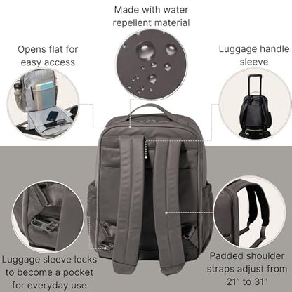 Baggallini Tribeca Expandable Laptop Backpack - 15"x11" Lightweight RFID Computer Bag for Work & Travel with Luggage Sleeve - color: Smoke Twill