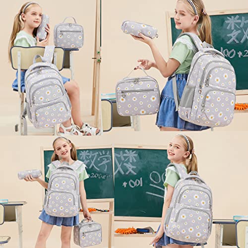 YJMKOI 3Pcs Daisy Prints Backpack for Girls Middle-School Elementary Students Bookbag Set with Lunch Box (Grey) - color: Grey
