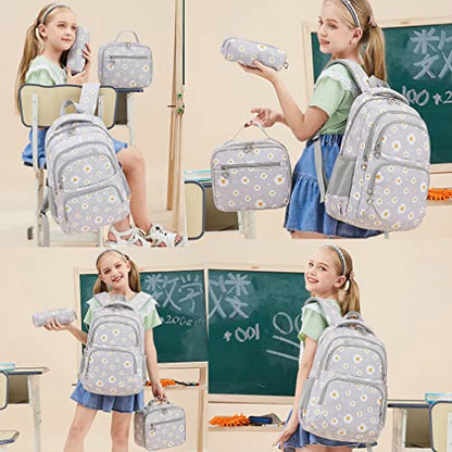 YJMKOI 3Pcs Daisy Prints Backpack for Girls Middle-School Elementary Students Bookbag Set with Lunch Box (Grey) - color: Grey