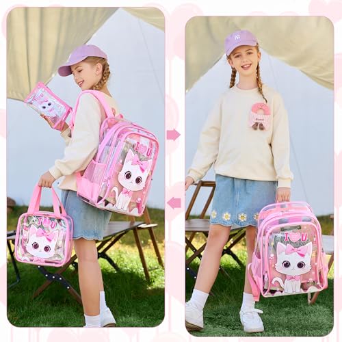 AO ALI VICTORY Clear Backpack for School,PVC Transparent Kids Bookbag for Girls Boys Cute Toddler Back Pack Kindergarten Elementary Schoolbag Stadium Approved See Through Backpacks,Pink Cat - color: Pink Cat